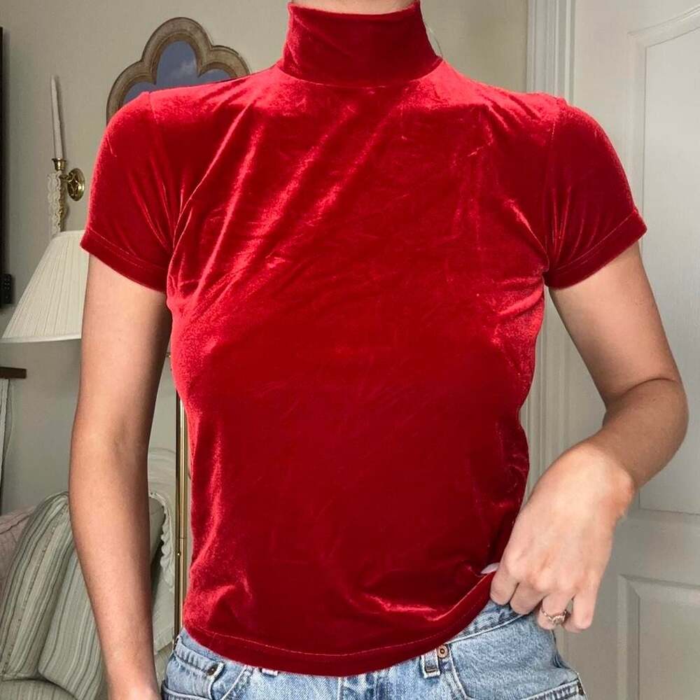 Gap Red Velvet Mock Neck Short Sleeve Top
